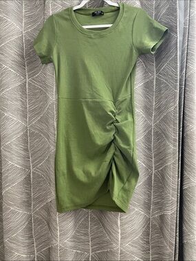 RUZL Olive Short Sleeve Ruched Mini Dress